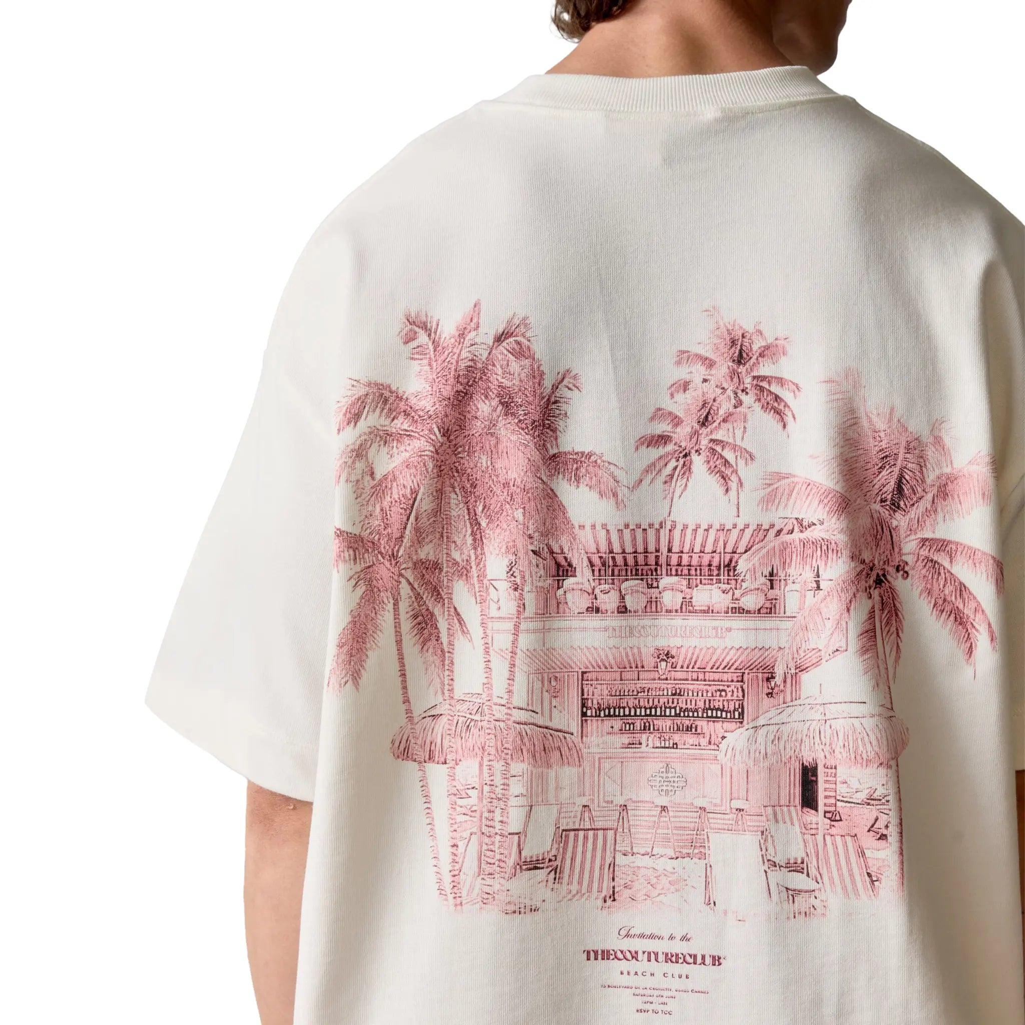 Detailed Back View of The Couture Club Beach Club Graphic Off White Pink T-Shirt